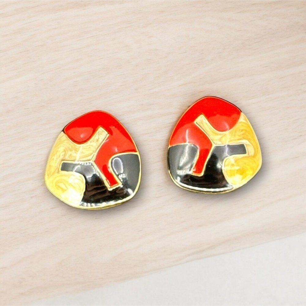 Monet Signed Art Deco Designer Enamel Red Black Beige Clip-On Earrings